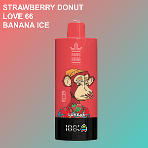 Red Bang King vape device with a cartoon monkey wearing a beanie and floral shirt, displayed with flavor names Strawberry Donut, Love 66, and Banana Ice on a gradient background.