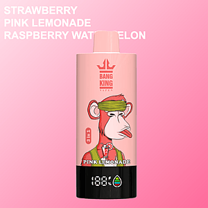 Pink vape device featuring a cartoon monkey with a blindfold, labeled 'Bang King Vapen' and 'Pink Lemonade', on a pink gradient background with large white text listing flavors: Strawberry, Pink Lemonade, Raspberry Watermelon.