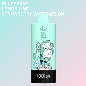 Mint-green Bang King vape device featuring an illustrated icy monkey face labeled 'Black Dragon Ice,' with flavor options blueberry, lemon lime, and strawberry watermelon listed at the top.