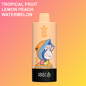 Bang King Lemon Peach vape device with cartoon ape wearing a hood, fruit illustrations, flavor list, and percentage indicator on an orange gradient background.