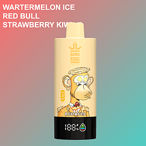Yellow Bang King vape device featuring a cartoon monkey with glowing eyes and a suit, labeled "Red Bull" flavor, against a gradient background with text listing flavors: "Wartermelon Ice," "Red Bull," and "Strawberry Kiwi."