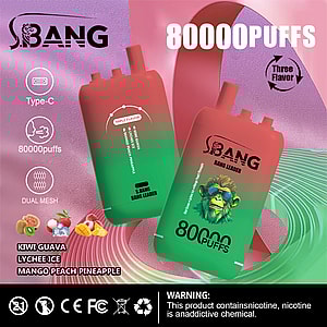 SBANG Bang Leader 使い捨てベイプのプロモーション画像。赤と緑のベイプデバイス 2 台、フレーバー オプション (キウイ グアバ、ライチ アイス、マンゴー ピーチ パイナップル)、80,000 パフ容量、Type-C 充電、デュアル メッシュ、製品にニコチンが含まれているという警告が示され、一方のデバイスにはサングラスをかけた様式化された猿が描かれています。