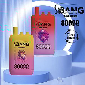 Two colorful disposable vape devices labeled 'BANG Leader' with illustrated monkey faces, one yellow and pink and the other red and pink, both advertising 80,000 puffs and three flavors, with bold branding and modern design elements in the background.