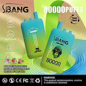 SBANG Bang Leader 使い捨てベイプの広告。2 つのグラデーション ブルー グリーン デバイスを特徴とし、80,000 回の吸引、3 つのローテーション フレーバー (ラズベリー モヒート ピーチ アイス、ストロベリーとスイカ、キウイ パッション フルーツ グアバ)、Type-C 充電、デュアル メッシュ コイル、およびニコチン中毒の警告を強調しています。