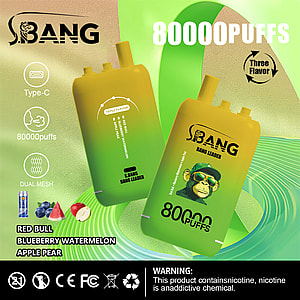SBANG Bang Leader ベイプデバイスのプロモーション画像。2 つのデバイス、Type-C 充電、80,000 パフ、デュアルメッシュ デザイン、3 種類のフレーバー オプション (レッドブル、ブルーベリー ウォーターメロン、アップル ペア)、ニコチン警告ラベルなどの製品機能を備えています。