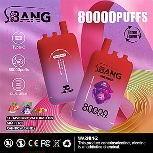 SBANG Bang Leader ベイプデバイスのプロモーション画像。80,000回の吸引、3種類のフレーバーオプション(ストロベリースイカ、グレープアイス、レインボーキャンディ)、デュアルメッシュ、Type-C充電、ニコチン中毒の警告などの特徴が強調されており、カラフルな背景と赤と紫のグラデーションベイプデバイス2つが表示されています。