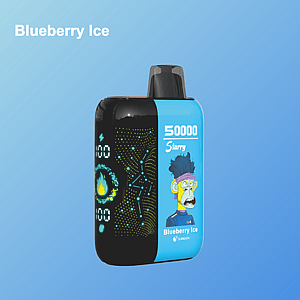 Blue disposable vape device labeled 'Blueberry Ice' with a digital display, cartoon ape character, and star constellation graphics on a blue gradient background.