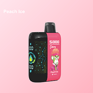 Peach Ice flavored disposable vape device with a digital display, colorful graphics, and an illustrated monkey character on a pink background.