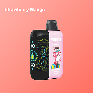 A colorful vape device labeled 'Strawberry Mango' with 50,000 puffs, digital display, and a cartoon pink monkey character on the packaging, set against a pink gradient background with the flavor name in bold text.