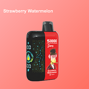 Disposable vape device labeled 'Strawberry Watermelon' with a digital screen and cartoon monkey illustration, set against a pink gradient background with the text 'Strawberry Watermelon' at the top left.