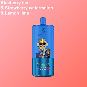 Dispositivo de vapeo desechable azul con un simio de dibujos animados que usa gafas de sol y una corona, etiquetado 'Blueberry ice' (hielo de arándano), sobre un fondo rosa que presenta los sabores Blueberry ice (hielo de arándano), Strawberry sandía y Lemon lime (limón y lima) en texto blanco en negrita.