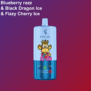 Dispositivo de vapeo azul con un mono de dibujos animados que usa una corona y una túnica rosa, etiquetado "Bang De" y un texto que enumera sabores de frambuesa de arándano, hielo de dragón negro y hielo de cereza gaseoso sobre un fondo degradado de púrpura y rojo.