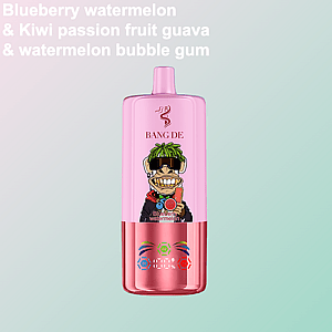 Dispositivo de vapeo Pink Bang De que presenta un personaje de dibujos animados con cabello verde, lentes de sol y una amplia sonrisa, sosteniendo una rodaja de sandía, con opciones de sabor enumeradas arriba sobre un fondo degradado claro.