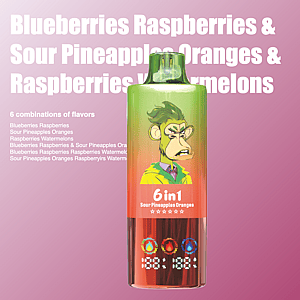 A vibrantly designed 6-in-1 flavored vape bottle featuring a cartoonish monkey graphic and text highlighting flavor combinations like sour pineapples and oranges against a gradient background.