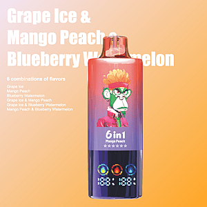 A promotional image of a colorful 6-in-1 vape pen featuring flavors like Grape Ice, Mango Peach, and Blueberry Watermelon, with a stylized monkey graphic on the device against a gradient orange background.