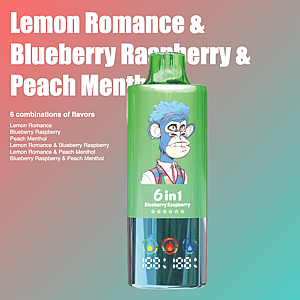 A promotional image of a vaping device featuring six flavor combinations including Lemon Romance, Blueberry Raspberry, and Peach Menthol, with a design displaying a cartoon chimpanzee in formal attire, set against a gradient background.