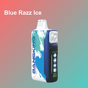 A blue and white vape mod with a black display panel showing sweetness indicators, positioned against a pink-to-teal gradient background with the words Blue Razz Ice in the upper left.