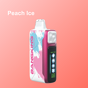 A pink vape device with a digital screen showing ice cubes sits next to a white-and-pink box with a blue brushstroke design, all on a peach gradient background.