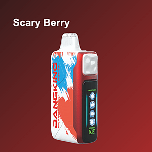 Red and black vape device with a glass mouthpiece and a display panel showing sweetness and power icons stands beside a white box with blue and orange paint-splatter graphics on a dark red gradient background, with the words Scary Berry in white at the top left.