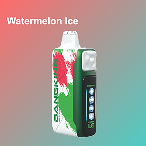 A watermelon-ice flavored vape pod device in green and black beside a white box with red and green splash graphics, set against a pink-to-teal gradient background.