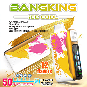 Imagen promocional del producto Bangking Ice Cool, que muestra un elegante dispositivo electrónico con ilustraciones de pinceladas vibrantes de color rosa y amarillo, las características enumeradas incluyen 50,000 bocanadas, capacidad de 25 ml de e-líquido, batería recargable de 850 mAh, conexión tipo C y cinco niveles ajustables de frescura, disponible en 12 sabores.