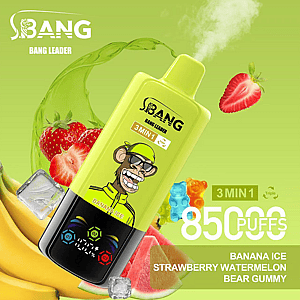 Promotional image for SBang Bang Leader vape showcasing a banana ice flavor, featuring a bright green device with a cartoon monkey logo, surrounded by colorful fruits like bananas, strawberries, watermelons, and gummy bears, emphasizing 85000 puffs and 3 flavors in 1.