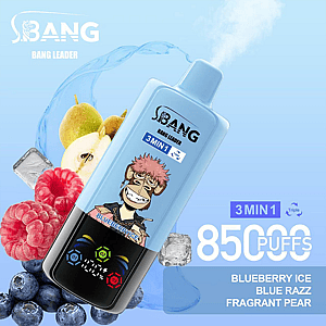 Promotional image of the Bang Leader 3-in-1 vape featuring a cartoon monkey graphic, with flavor options Blueberry Ice, Blue Razz, and Fragrant Pear, against a bright background with fruits and smoke effects.