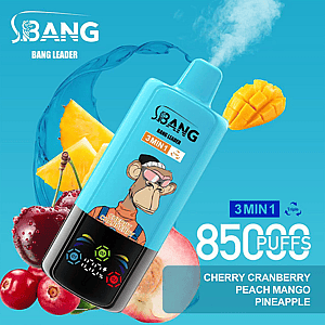Advertisement for Bang Leader disposable vape showcasing the 3-in-1 flavor options—Cherry Cranberry, Peach Mango, and Pineapple—and 8500 puffs, featuring a blue device with an illustrated monkey character on it.