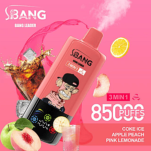 A promotional image featuring a vape device branded 'Bang Leader' with a cartoon ape design, showcased with flavors including Coke Ice, Apple Peach, and Pink Lemonade, against a pink background with accompanying beverage and fruit illustrations.