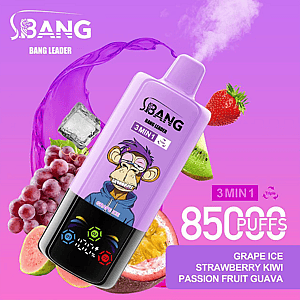 Advertisement for a 'Bang Leader' vape device featuring a purple casing, an illustrated monkey cartoon, fruit flavors such as kiwi, passion fruit, strawberry, and grape ice, highlighting 8500 puffs and a 3-in-1 functionality.