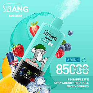 Promotional image featuring a turquoise vaping device titled 'Bang Leader 3 Min 1' with flavors Pineapple Ice, Strawberry Red Bull, and Mixed Berries, accompanied by fruit illustrations and 8500 PUFFS text on an aqua background.