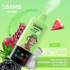 Promotional image for the S.Bang Bang Leader vape device featuring a green and black design, fruit illustrations including grapes and watermelon, branding, and a cartoon monkey graphic labeled 'Red Apple Ice.'