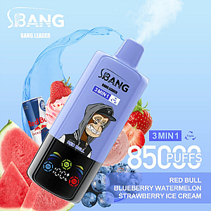 Promotional image featuring the Bang Leader vape device in purple with text highlighting '8500 Puffs' and flavors including Red Bull, Blueberry Watermelon, and Strawberry Ice Cream, set against a colorful background of fruits and swirl accents.