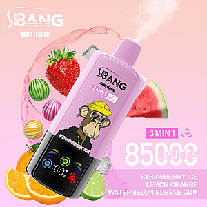 Advertisement for a pink vape device branded Bang Leader, featuring a cartoon monkey design and advertising flavors like Strawberry Ice, Lemon Orange, and Watermelon Bubble Gum, alongside a claim of 8500 puffs.