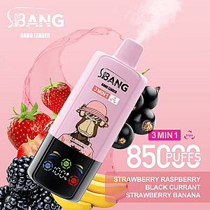 Promotional image for the S-BANG vape device with flavor options of strawberry raspberry, black currant, and strawberry banana, displaying the device featuring a stylized monkey image against a pink background adorned with fruit illustrations.