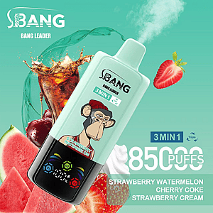 A promotional image for the Bang Leader 3-in-1 vape device featuring flavors Strawberry Watermelon, Cherry Coke, and Strawberry Cream, shown with corresponding flavor visuals such as fruits and a beverage, and an illustration of a monkey logo on the device.