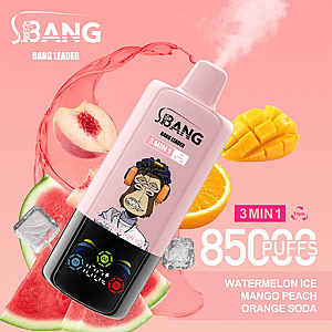A promotional image showcasing a Bang Leader vape device featuring a gorilla illustration, flavors like Mango Peach and Watermelon Ice, and highlights such as 8500 puffs capacity and triple flavor option.