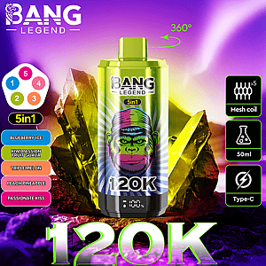 Promotional image for the Bang Legend 5in1 vape featuring green and purple packaging with a gorilla logo, surrounded by colorful crystals and flavor icons, highlighting features like 120K puffs, mesh coil, 50ml capacity, Type-C charging, and five fruity flavors.