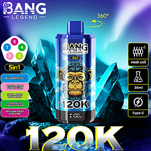 Colorful promotional graphic showcasing the Bang Legend 5-in-1 vape device, featuring stylish packaging with a monkey illustration, flavor options, and technical specifications like mesh coil and USB Type-C compatibility, set against an icy, vibrant background.