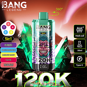 Promotional image of a Bang Legend 5-in-1 vaping product featuring a green and purple container with crystalline decorations, surrounded by product details like flavors, mesh coil technology, 50ml capacity, Type-C charging, and 120K puffs displayed on a vibrant background.
