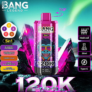 Promotional image for Bang Legend 120K vape featuring a colorful design with a cartoon-style gorilla wearing sunglasses, along with highlighted features including 5-in-1 flavors, mesh coil technology, 50ml capacity, Type-C connectivity, and vibrant crystal backdrop.