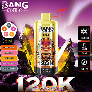 Promotional image for the BANG Legend 5-in-1 vape product, showcasing a yellow vape device surrounded by glowing crystals, with features like 50ml capacity and Type-C charging prominently highlighted.