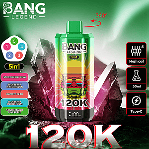 Promotional image for the Bang Legend 5-in-1 vaping device featuring a green-colored device with a colorful design and a 120K text overlay, listed flavors, mesh coil, 50ml capacity, and Type-C charging details on a vibrant background.
