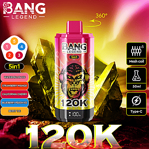Marketing graphic for the Bang Legend 5-in-1 vape device featuring 120K capacity, mesh coil technology, Type-C charging, vibrant yellow crystal background with flavor options listed.
