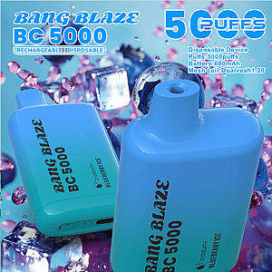 Close-up promotional image of two blue-green Bang Blaze BC 5000 disposable vape devices labeled Blueberry Ice, with large text advertising 5000 puffs and specifications, set against a backdrop of ice cubes and blueberries.