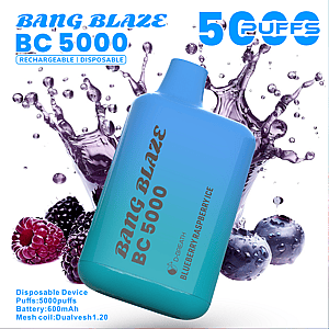 Blue gradient disposable vape labeled BANG BLAZE BC 5000 tilted against splashing purple liquid and scattered blueberries and raspberries, with large text noting 5000 puffs and small specs about battery and mesh coil.