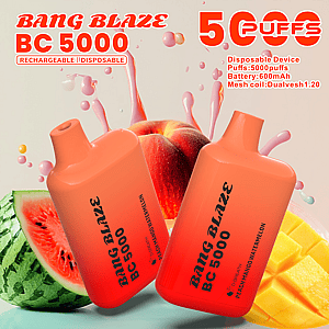 Two orange Bang Blaze BC 5000 disposable vape devices tilted together in front of watermelon and mango with splash graphics, highlighting 5,000 puffs and the rechargeable/disposable design.