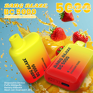 Two Bang Blaze BC 5000 disposable vape devices in yellow-to-red gradients (one yellow, one red) labeled for 5000 puffs and strawberry mango flavor, set against a splash of juice with fresh strawberries in the background.