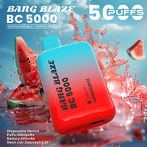 Colorful advertisement showing a gradient blue-to-red disposable vape device labeled "BANG BLAZE BC 5000" floating over splashing watermelon slices and ice with large "5000 PUFFS" text and product details in the corners.
