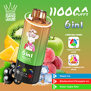 Bright green Bang Leader promotional banner with a tilted 6in1 vape bottle labeled Blackcurrant Pineapple Ice, surrounded by kiwi, pineapple, a green apple and grapes, and icons for 6 adjustable flavors and flavor modes.
